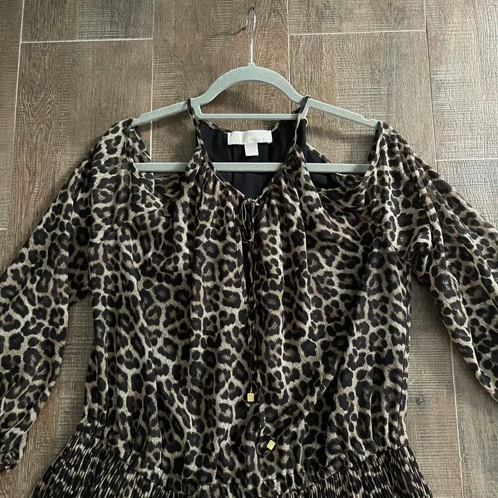 Michael Kors Women's Cold Shoulder Long Sleeves Leopard Print Maxi Dress Size XL